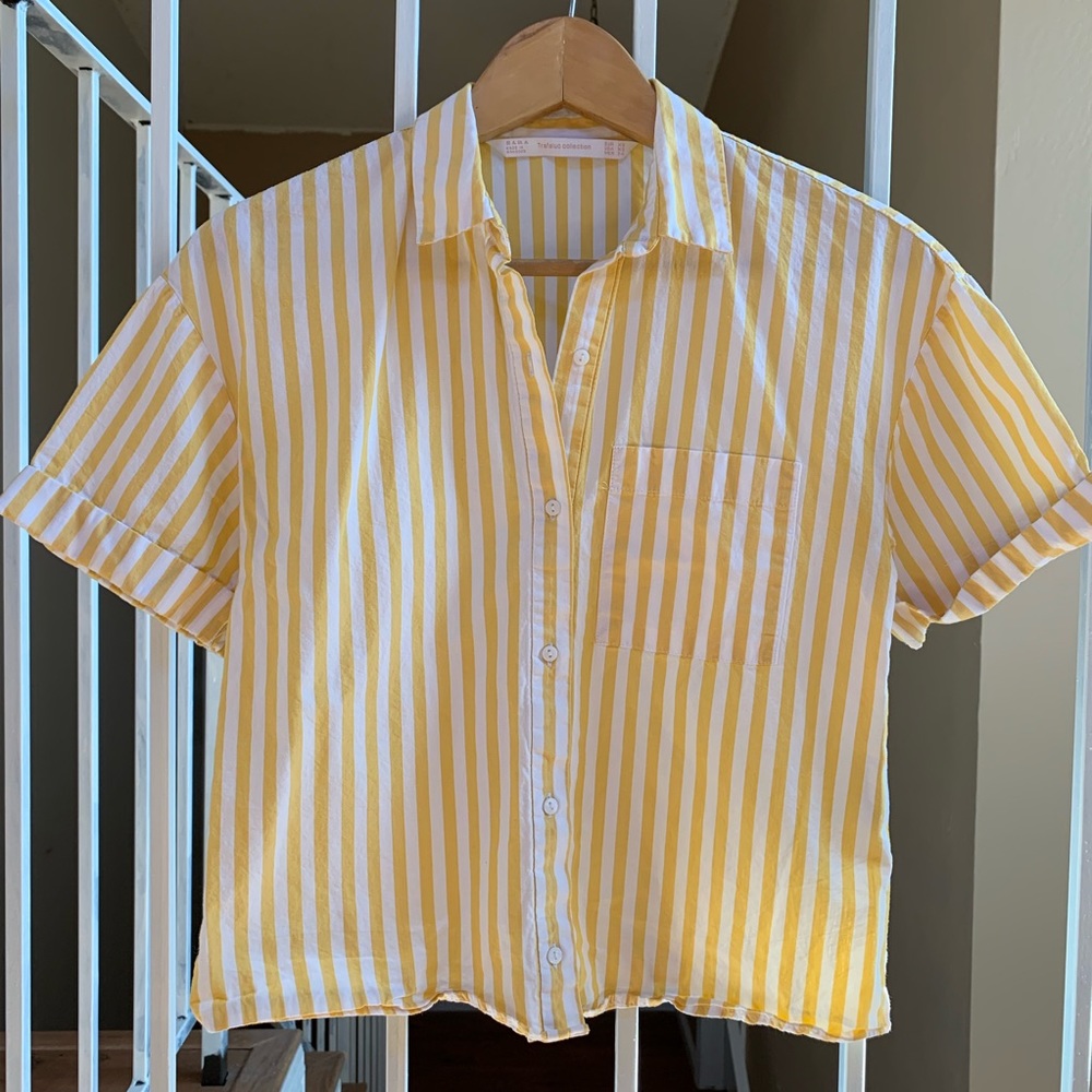 Zara yellow and white striped boxy top XS